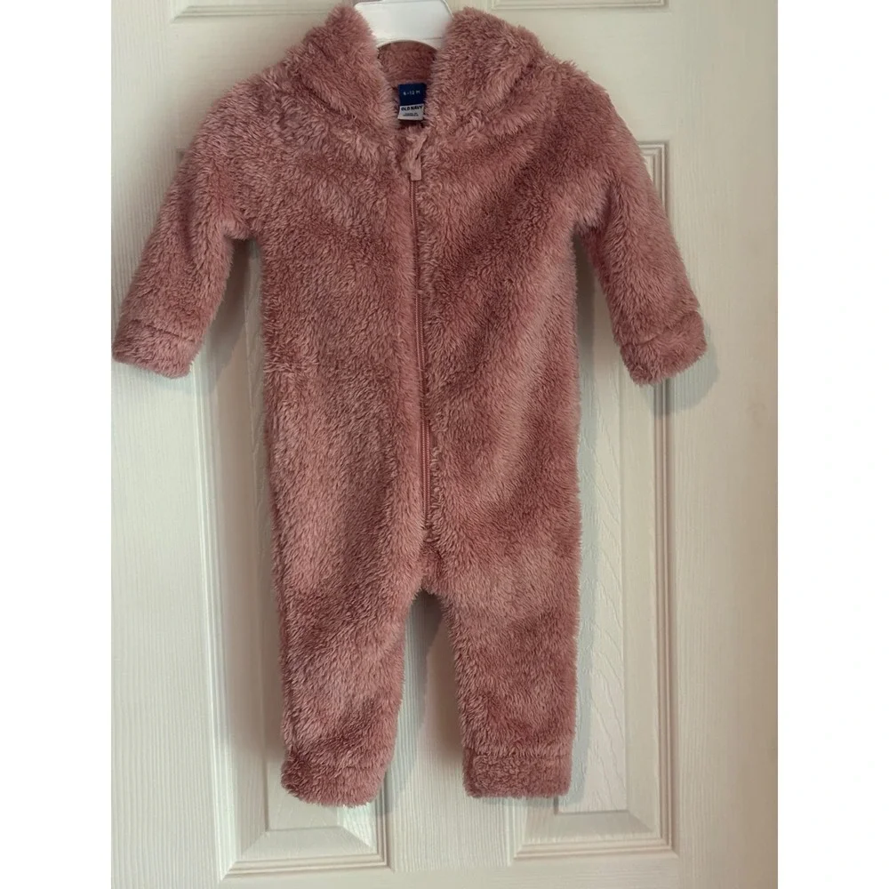 Old Navy Baby Girl Plush Faux Fur Hooded Jumpsuit Pink 6-12 Month Beautiful! EUC